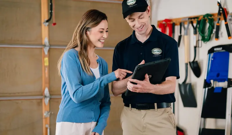 Precision Garage Door repair technician with a customer