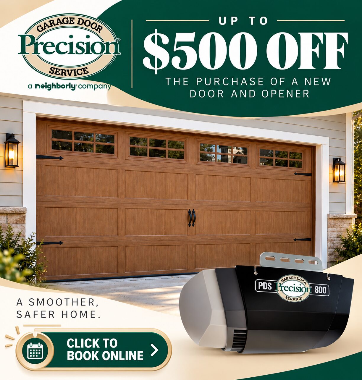 $500offDoor&Opener_graphic Precision Door trade-in credit offer of up to $400 for old garage doors with a new purchase.